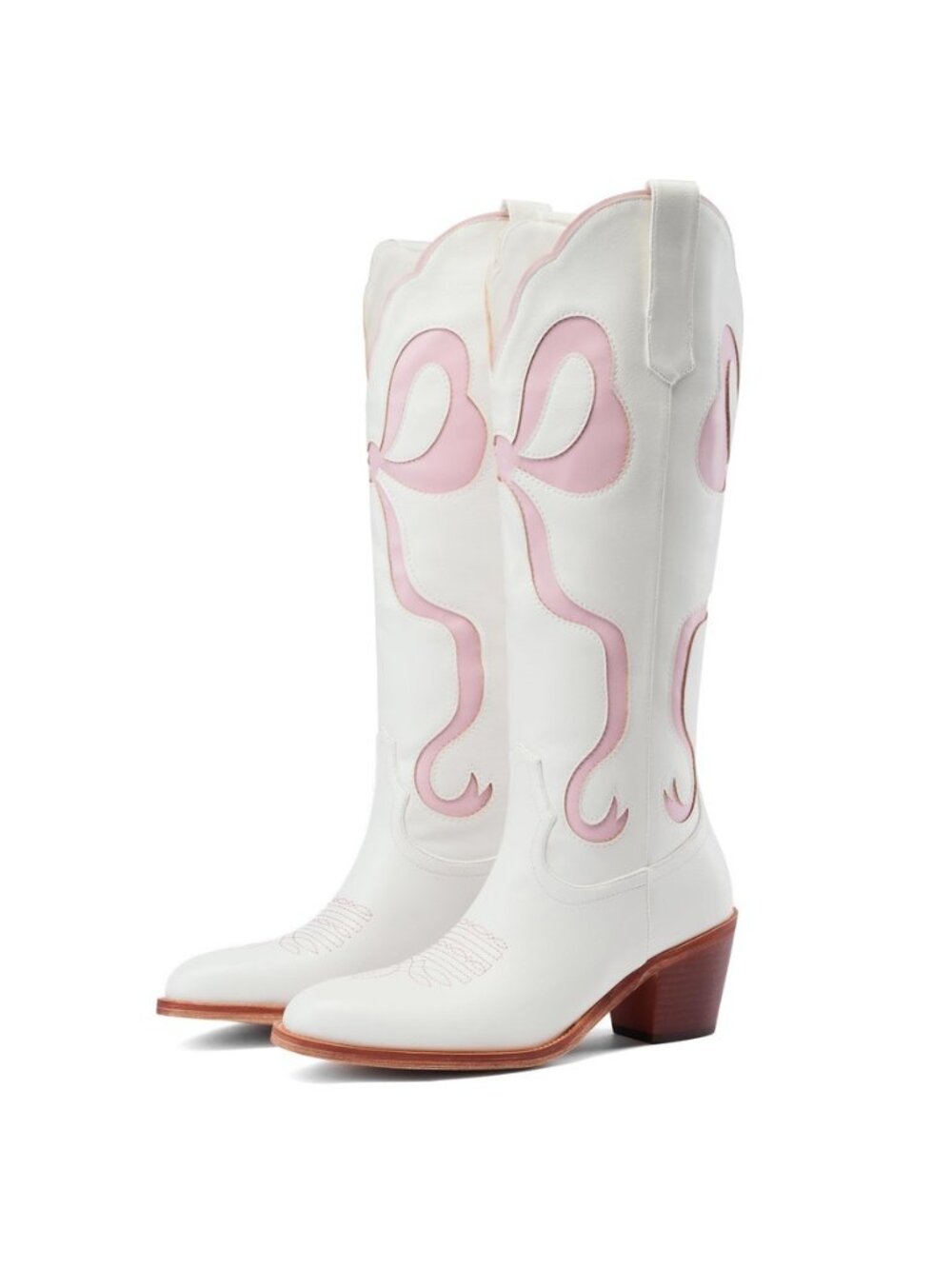 Women's White Cowgirl Boots with Bow Knee High Cowboy Boots Almond Round Toe
